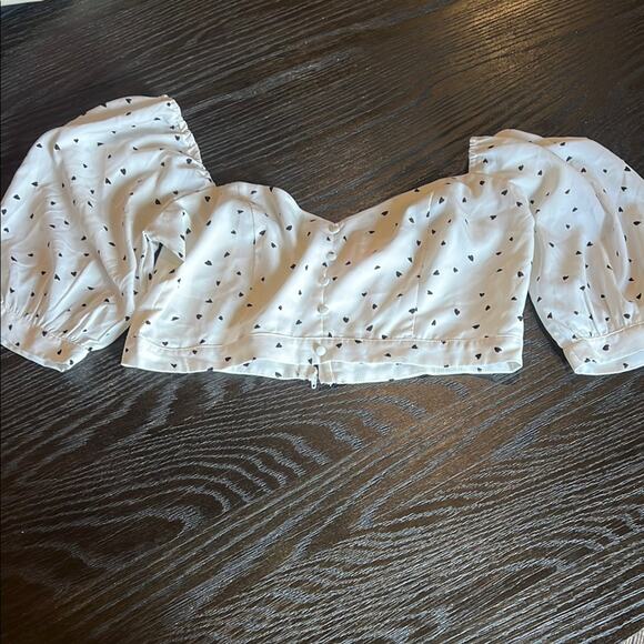 re:named White with Hearts Puff Sleeve Crop Blouse - Picture 1 of 4